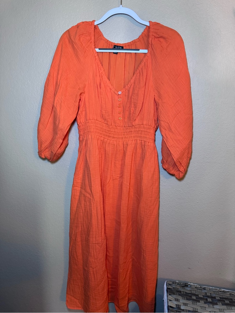 J. Crew Coral-Orange Puff Sleeve Midi Dress